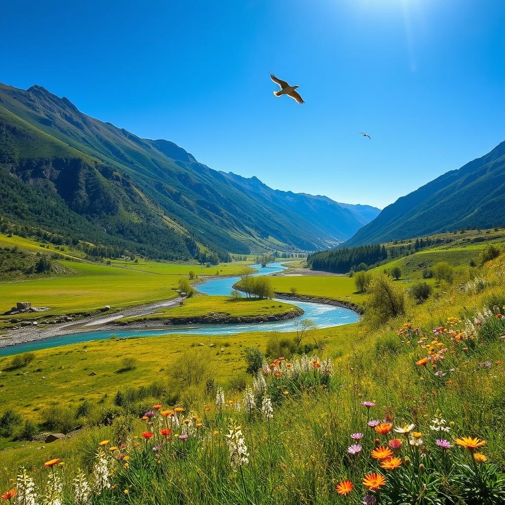 A serene landscape featuring a winding river flowing through a lush, green valley surrounded by tall mountains under a clear blue sky