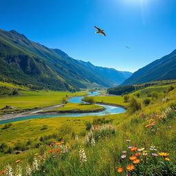 A serene landscape featuring a winding river flowing through a lush, green valley surrounded by tall mountains under a clear blue sky