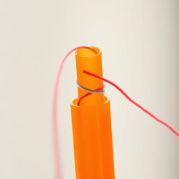 A close-up image of a colorful thread being threaded through a bright orange plastic straw, emphasizing the texture of the thread and the smooth, glossy surface of the straw