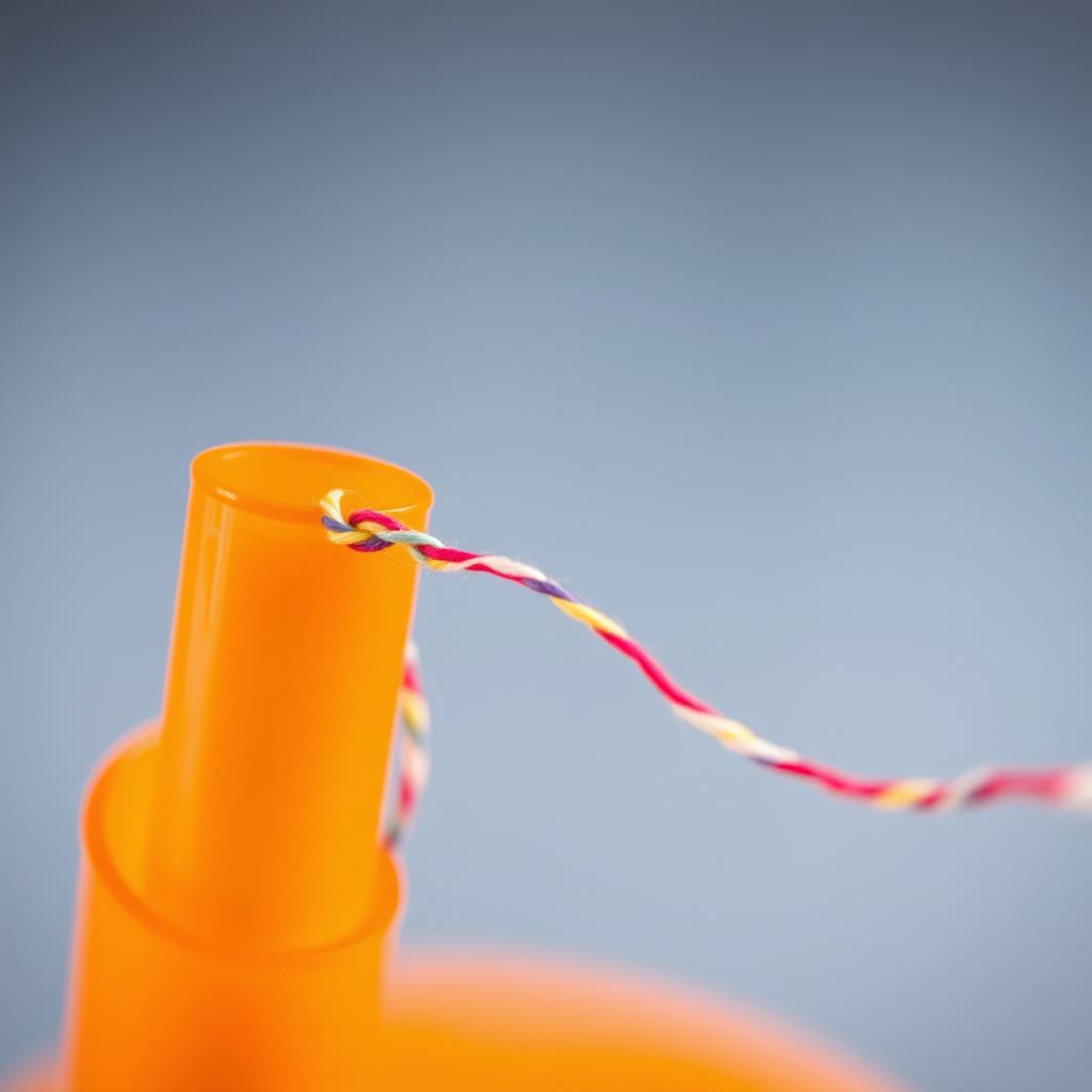 A close-up image of a colorful thread being threaded through a bright orange plastic straw, emphasizing the texture of the thread and the smooth, glossy surface of the straw
