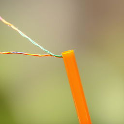 A close-up image of a colorful thread being threaded through a bright orange plastic straw, emphasizing the texture of the thread and the smooth, glossy surface of the straw