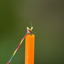 A close-up image of a colorful thread being threaded through a bright orange plastic straw, emphasizing the texture of the thread and the smooth, glossy surface of the straw