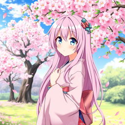 A vibrant illustration of Hoshimi Miyabi, a fictional character from a popular anime, showcasing her distinct features: she has long, flowing pink hair and striking blue eyes