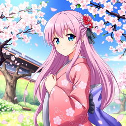 A vibrant illustration of Hoshimi Miyabi, a fictional character from a popular anime, showcasing her distinct features: she has long, flowing pink hair and striking blue eyes