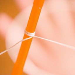 A close-up view of a white thread being skillfully threaded through an orange plastic straw