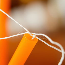 A close-up view of a white thread being skillfully threaded through an orange plastic straw