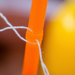 A close-up view of a white thread being skillfully threaded through an orange plastic straw