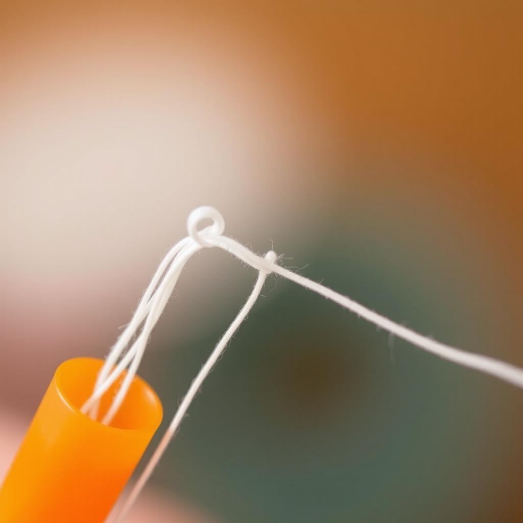 A close-up view of a white thread being skillfully threaded through an orange plastic straw