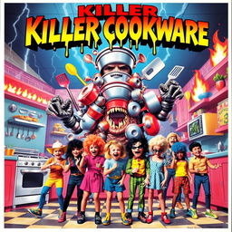 A vibrant and cheeky B-grade horror movie poster featuring a towering monster made of various kitchen utensils, like pots, pans, and spatulas