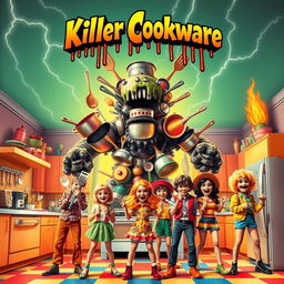 A vibrant and cheeky B-grade horror movie poster featuring a towering monster made of various kitchen utensils, like pots, pans, and spatulas