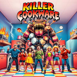 A vibrant and cheeky B-grade horror movie poster featuring a towering monster made of various kitchen utensils, like pots, pans, and spatulas