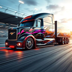 A custom semi-truck showcasing cutting-edge design inspired by Mustang racing aesthetics