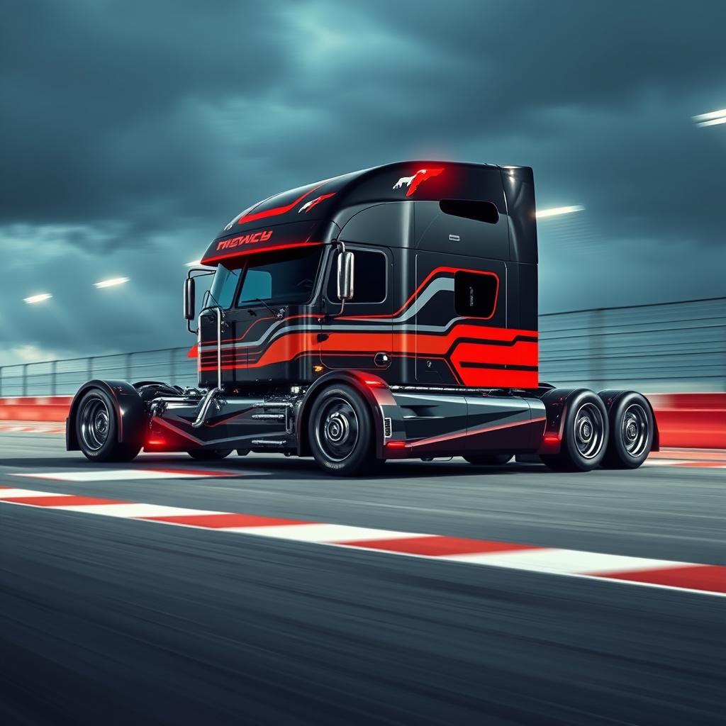 A custom semi-truck showcasing cutting-edge design inspired by Mustang racing aesthetics