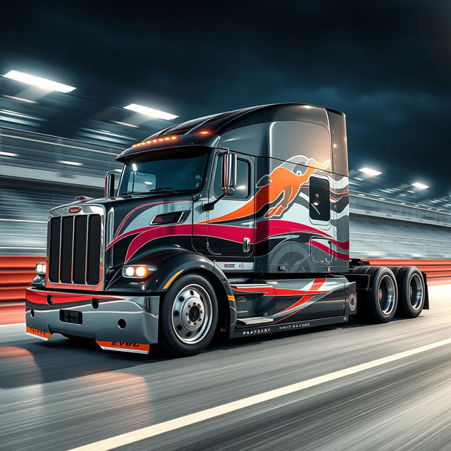 A custom semi-truck showcasing cutting-edge design inspired by Mustang racing aesthetics