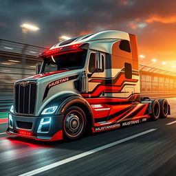 A custom semi-truck showcasing cutting-edge design inspired by Mustang racing aesthetics