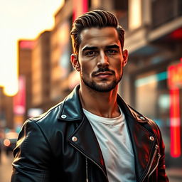 A stunningly handsome man with chiseled features and a captivating gaze, standing confidently against a dynamic urban backdrop at sunset