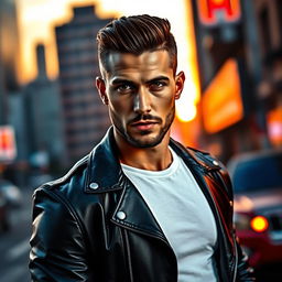A stunningly handsome man with chiseled features and a captivating gaze, standing confidently against a dynamic urban backdrop at sunset