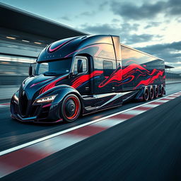 A breathtaking custom semi-truck inspired by Pagani aesthetics, featuring cutting-edge design elements and racing rims that reflect the exotic supercar lineage