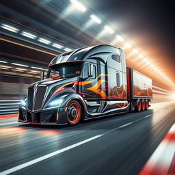 A breathtaking custom semi-truck inspired by Pagani aesthetics, featuring cutting-edge design elements and racing rims that reflect the exotic supercar lineage