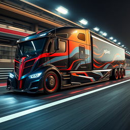 A breathtaking custom semi-truck inspired by Pagani aesthetics, featuring cutting-edge design elements and racing rims that reflect the exotic supercar lineage