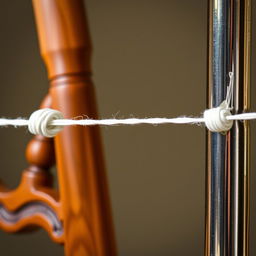 A white thread is tightly stretched between two sturdy, fixed objects, a wooden chair on one end and a solid metal pole on the other
