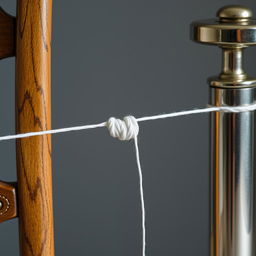 A white thread is tightly stretched between two sturdy, fixed objects, a wooden chair on one end and a solid metal pole on the other