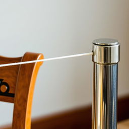 A white thread is tightly stretched between two sturdy, fixed objects, a wooden chair on one end and a solid metal pole on the other