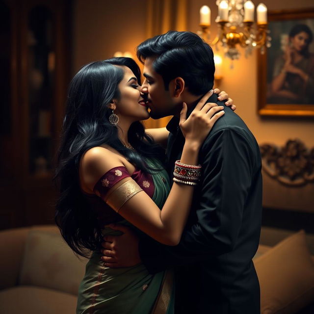 A sultry scene featuring a beautiful Indian woman with long black hair and a playful smile, wearing a stylish traditional outfit that accentuates her curves