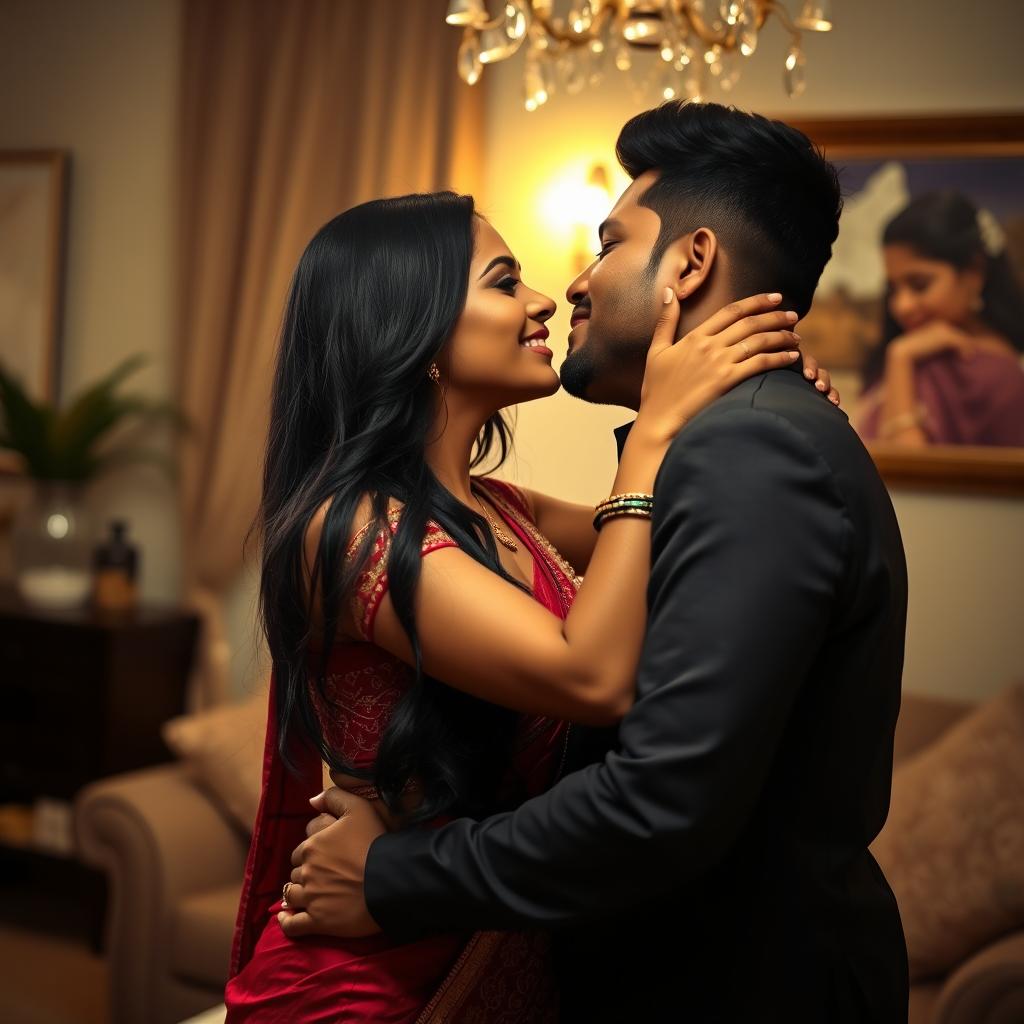 A sultry scene featuring a beautiful Indian woman with long black hair and a playful smile, wearing a stylish traditional outfit that accentuates her curves