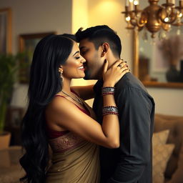 A sultry scene featuring a beautiful Indian woman with long black hair and a playful smile, wearing a stylish traditional outfit that accentuates her curves