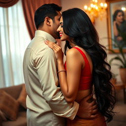 A sultry scene featuring a beautiful Indian woman with long black hair and a playful smile, wearing a stylish traditional outfit that accentuates her curves