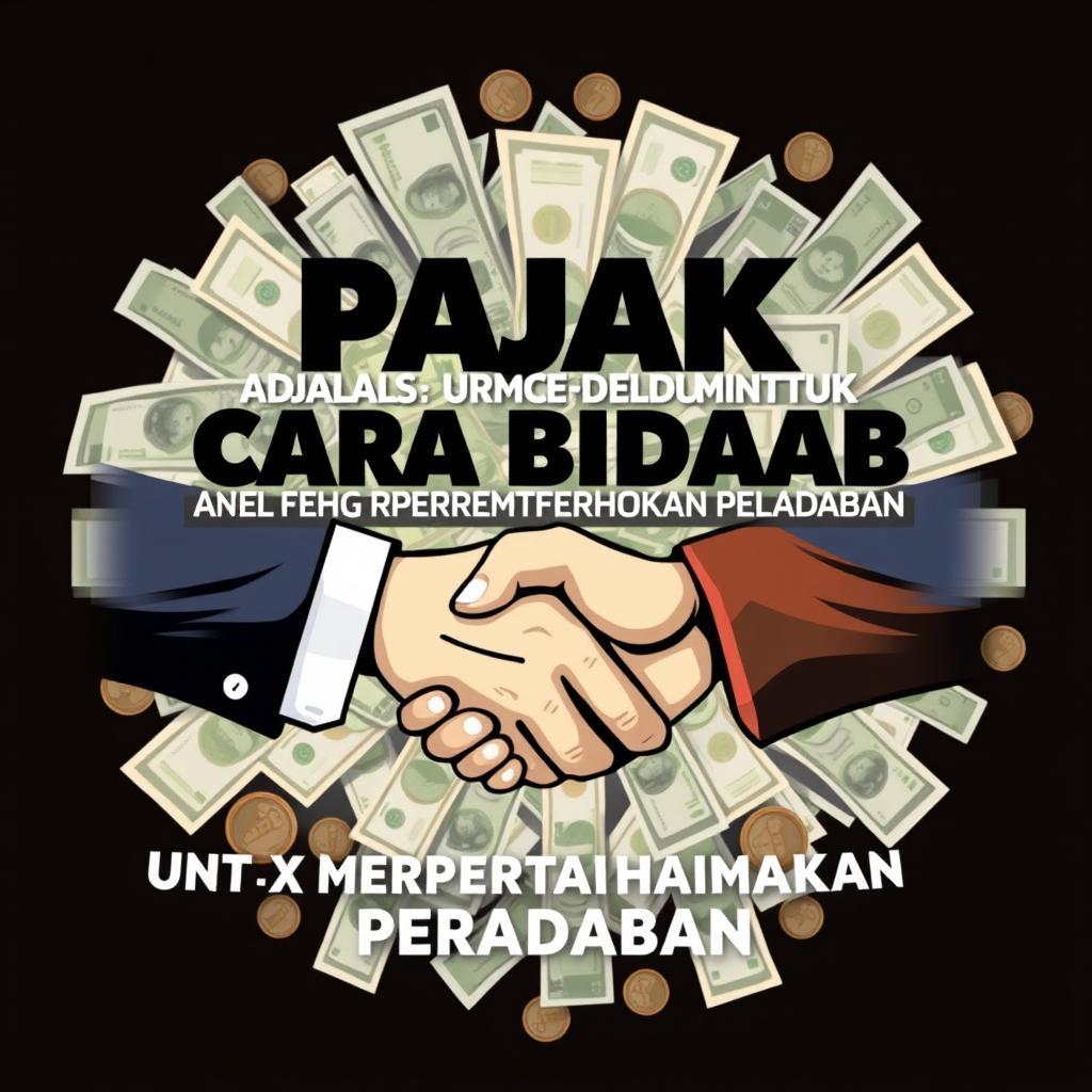 A visually striking design featuring the phrase "PAJAK ADALAH CARA BIADAB UNTUK MEMPERTAHANKAN PERADABAN" prominently displayed in bold, dynamic typography