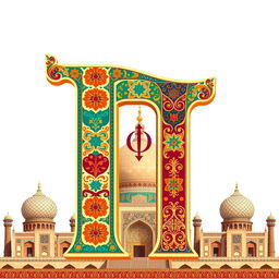 A large, stylized letter 'T' inspired by traditional Iranian art and culture, featuring intricate geometric patterns and floral motifs that reflect Persian aesthetics