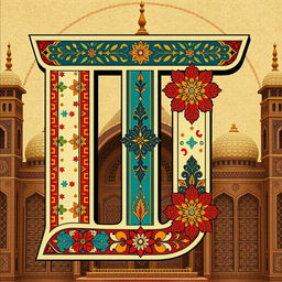 A large, stylized letter 'T' inspired by traditional Iranian art and culture, featuring intricate geometric patterns and floral motifs that reflect Persian aesthetics