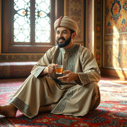 A man sitting on a vibrant, intricately designed carpet indoors, wearing traditional Middle Eastern attire