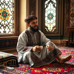 A man sitting on a vibrant, intricately designed carpet indoors, wearing traditional Middle Eastern attire