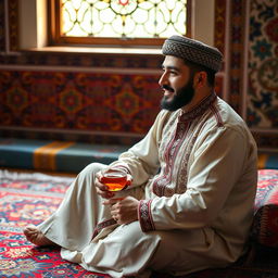 A man sitting on a vibrant, intricately designed carpet indoors, wearing traditional Middle Eastern attire