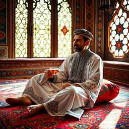 A man sitting on a vibrant, intricately designed carpet indoors, wearing traditional Middle Eastern attire