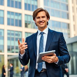 A professional business profile featuring a confident, successful businessman named Tom standing in front of a modern office building