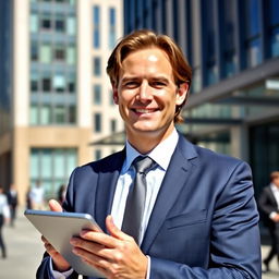 A professional business profile featuring a confident, successful businessman named Tom standing in front of a modern office building