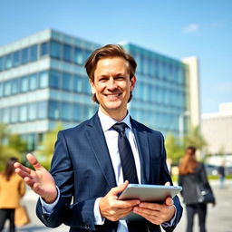 A professional business profile featuring a confident, successful businessman named Tom standing in front of a modern office building