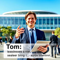 A professional business profile featuring a confident, successful businessman named Tom standing in front of a modern office building
