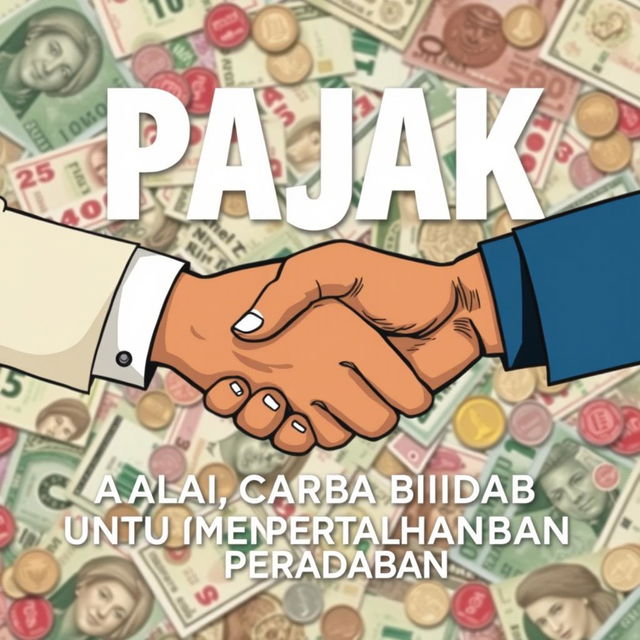 The phrase "PAJAK ADALAH CARA BIADAB UNTUK MEMPERTAHANKAN PERADABAN" artistically integrated with a background featuring money in various denominations including banknotes and coins