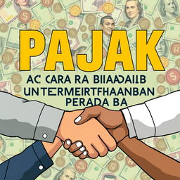 The phrase "PAJAK ADALAH CARA BIADAB UNTUK MEMPERTAHANKAN PERADABAN" artistically integrated with a background featuring money in various denominations including banknotes and coins