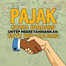 The phrase "PAJAK ADALAH CARA BIADAB UNTUK MEMPERTAHANKAN PERADABAN" artistically integrated with a background featuring money in various denominations including banknotes and coins