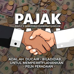 The phrase "PAJAK ADALAH CARA BIADAB UNTUK MEMPERTAHANKAN PERADABAN" artistically integrated with a background featuring money in various denominations including banknotes and coins