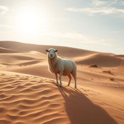 A serene desert landscape featuring a lone sheep standing gracefully amidst rolling sand dunes