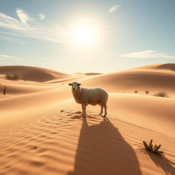 A serene desert landscape featuring a lone sheep standing gracefully amidst rolling sand dunes
