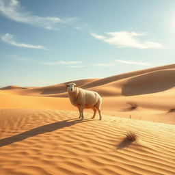 A serene desert landscape featuring a lone sheep standing gracefully amidst rolling sand dunes