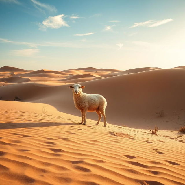 A serene desert landscape featuring a lone sheep standing gracefully amidst rolling sand dunes